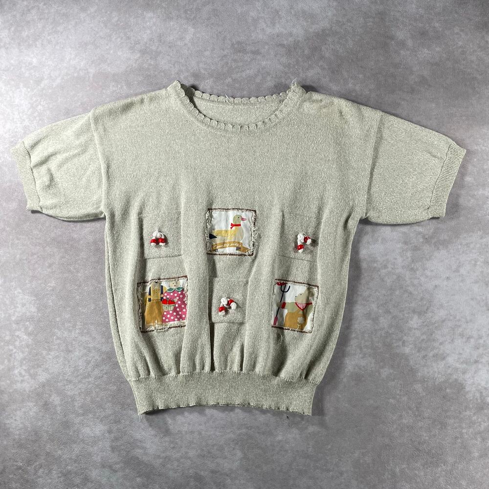 Vintage Grandma Cottagecore Knit Sweater Top Novelty Farm Animal Patch Beige